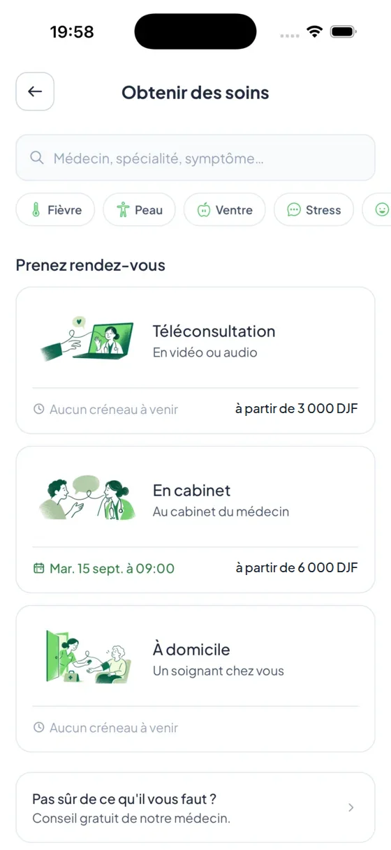 The “Get care” screen of the Medyc app: video consultation, at a partner clinic or at home