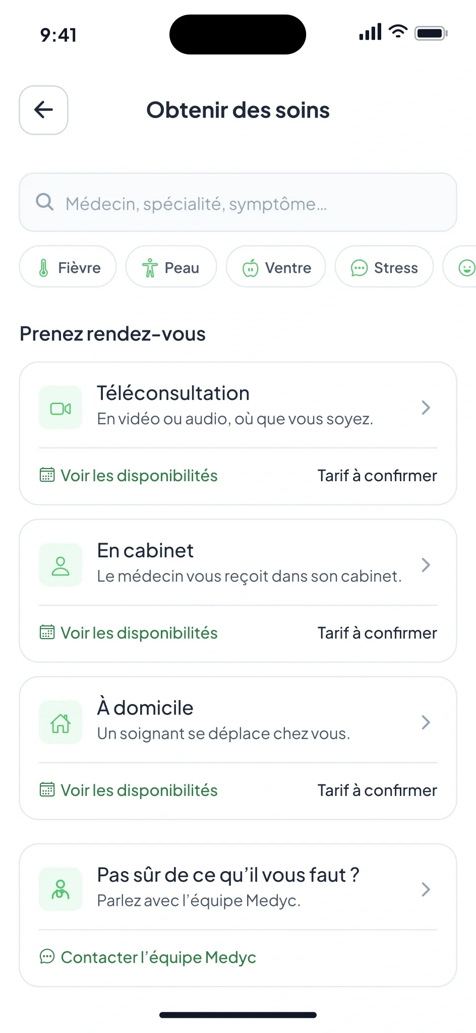 Medyc app: the “Get care” screen, by video, at a partner clinic or at home